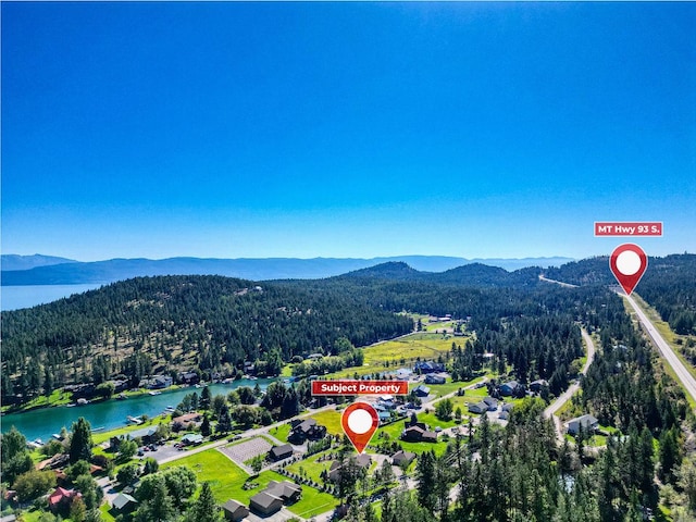 birds eye view of property featuring a forest view and a water and mountain view