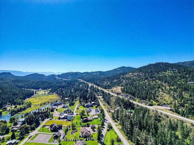 aerial view with a mountain view and a wooded view