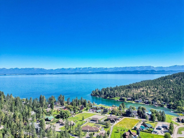 bird's eye view featuring a water and mountain view