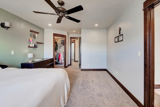 bedroom with recessed lighting, carpet, baseboards, and ceiling fan