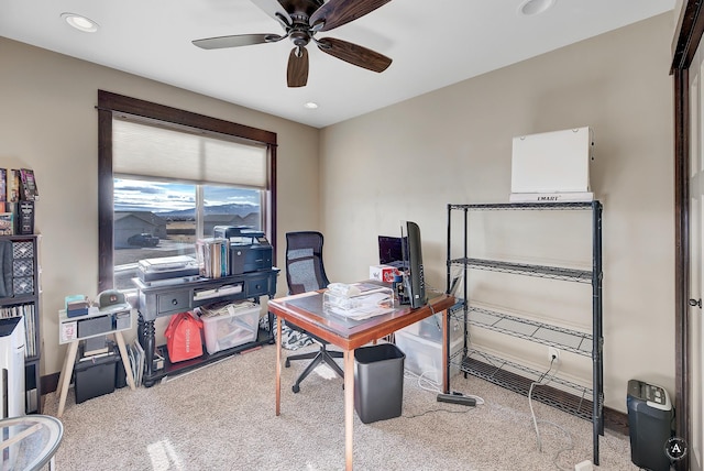 home office with carpet, recessed lighting, a ceiling fan, and baseboards