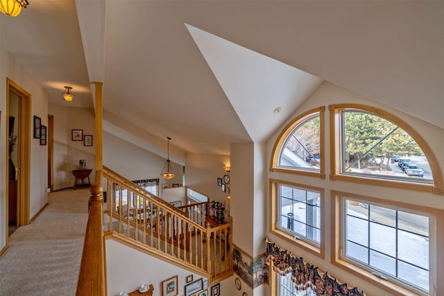 interior space featuring a wealth of natural light, light colored carpet, and high vaulted ceiling