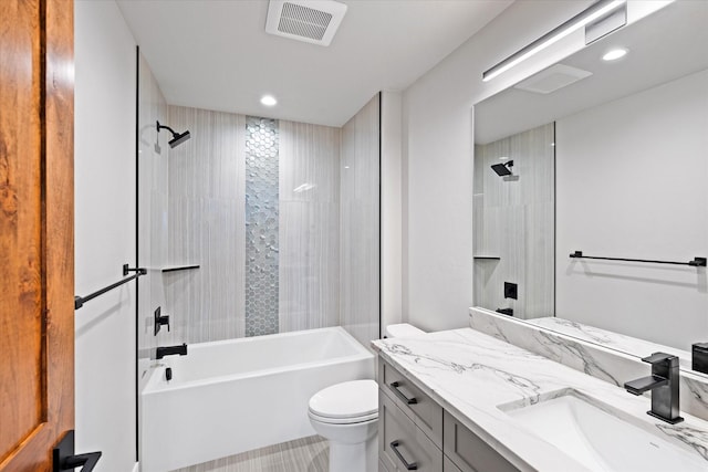 bathroom with vanity, visible vents, recessed lighting, shower / washtub combination, and toilet