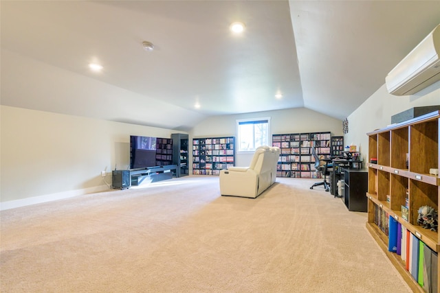 interior space with baseboards, lofted ceiling, carpet floors, and a wall mounted AC