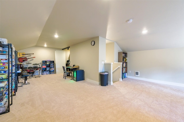 interior space featuring lofted ceiling, recessed lighting, baseboards, and carpet floors