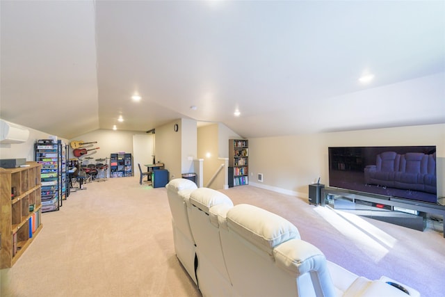 living area featuring recessed lighting, lofted ceiling, light carpet, and a wall mounted air conditioner