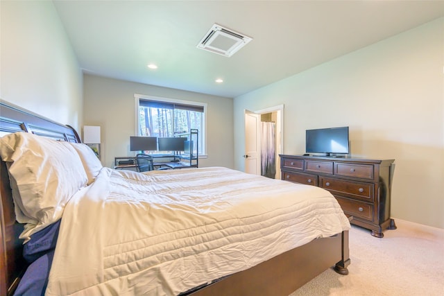 carpeted bedroom with recessed lighting and baseboards