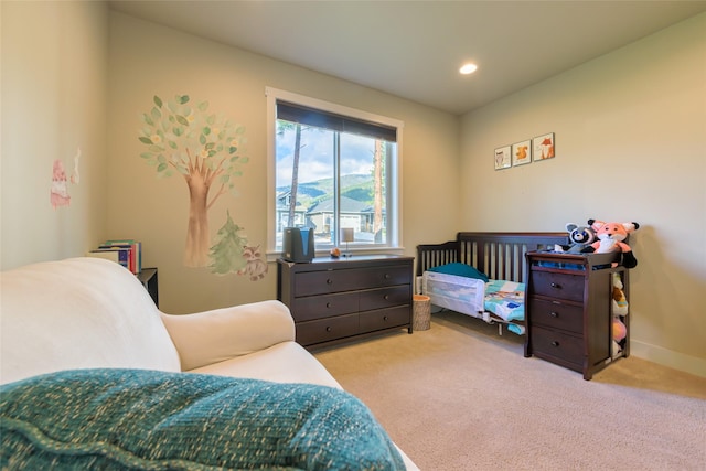 bedroom featuring carpet flooring, recessed lighting, and baseboards