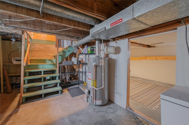 unfinished basement featuring water heater and stairs