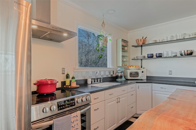 kitchen featuring electric range, a sink, open shelves, white cabinetry, and crown molding