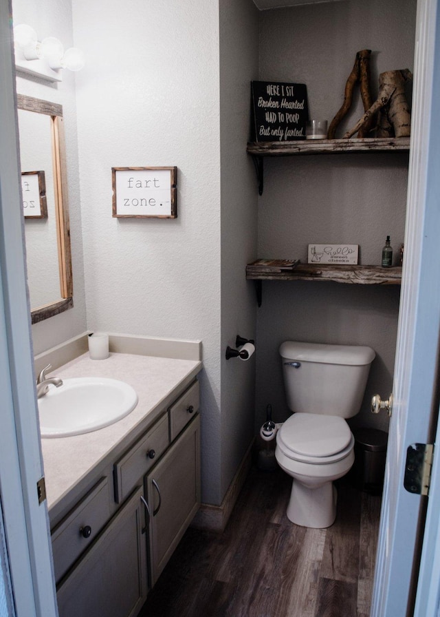 bathroom featuring toilet, vanity, baseboards, and wood finished floors