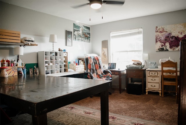 carpeted office with ceiling fan