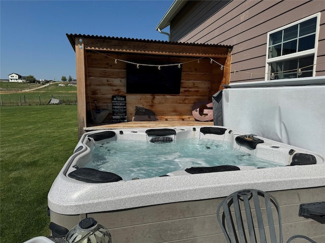 view of patio featuring a hot tub