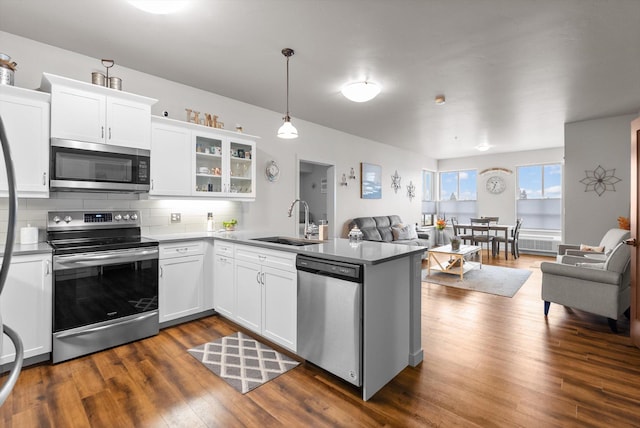 kitchen featuring a peninsula, a sink, stainless steel appliances, dark wood-type flooring, and open floor plan