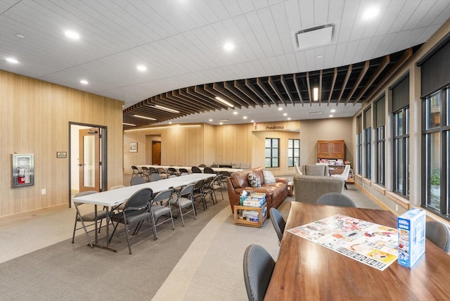 carpeted dining room with recessed lighting, a healthy amount of sunlight, and visible vents