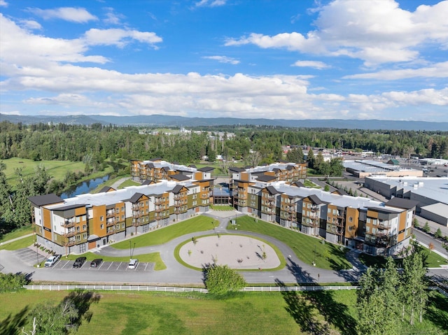 aerial view with a mountain view and a view of trees