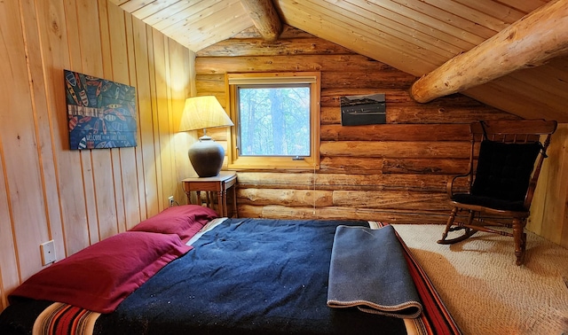 bedroom with lofted ceiling with beams and wood ceiling