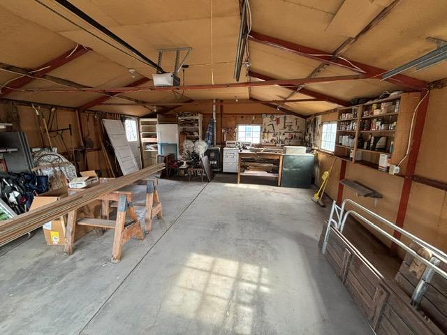 garage with a workshop area