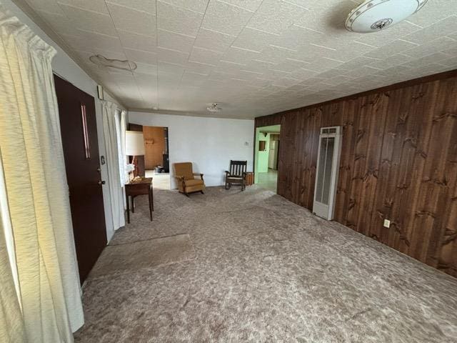 interior space with wooden walls and carpet