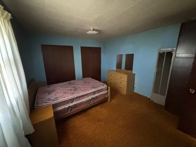 bedroom with two closets and carpet floors