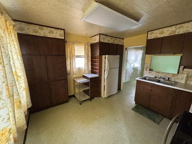 kitchen with a sink, a healthy amount of sunlight, light countertops, and freestanding refrigerator