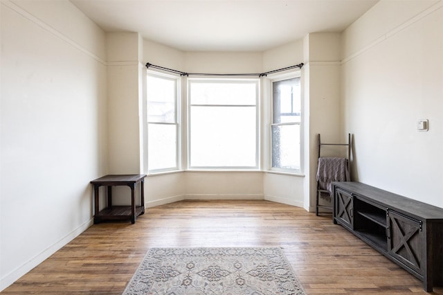 sitting room with baseboards and wood finished floors