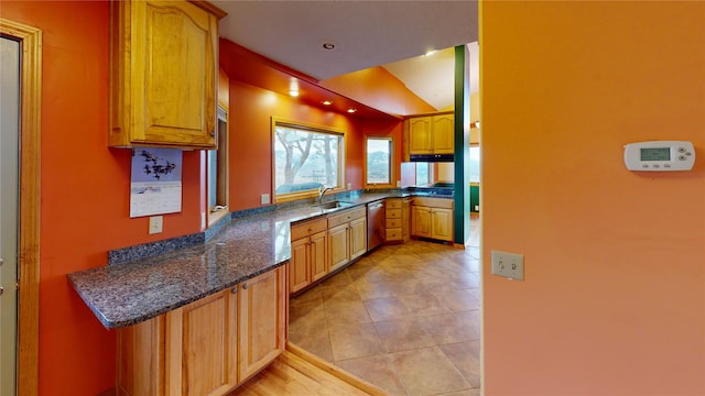 kitchen with dishwasher, dark stone counters, light tile patterned floors, and a sink