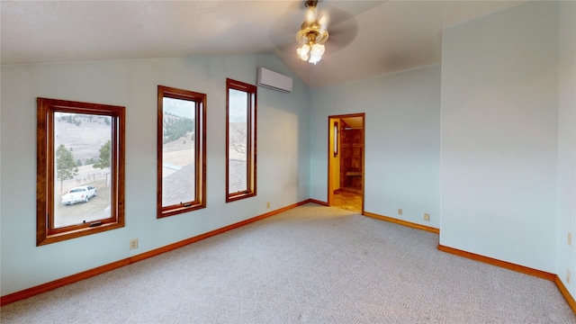 carpeted empty room with a wall mounted air conditioner, baseboards, lofted ceiling, and a ceiling fan