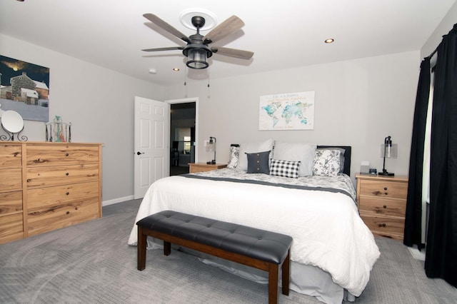 bedroom featuring recessed lighting, baseboards, carpet floors, and ceiling fan