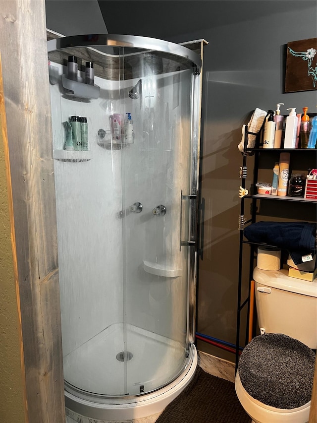 bathroom featuring toilet and a stall shower