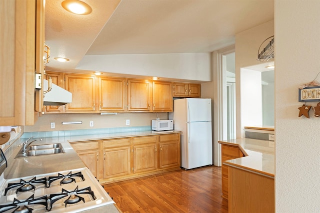 kitchen with white appliances, extractor fan, light countertops, and a sink