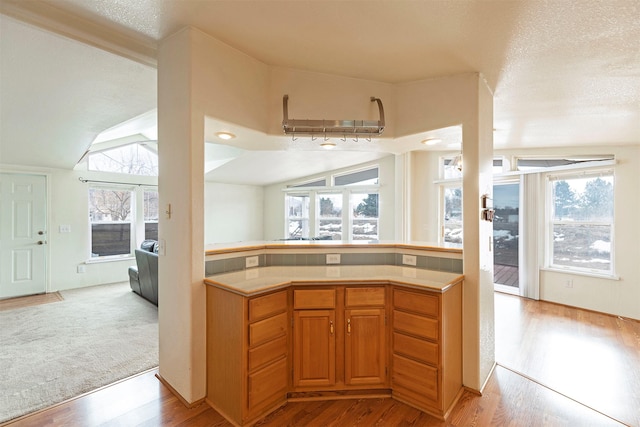 kitchen with lofted ceiling, wood finished floors, and a textured ceiling