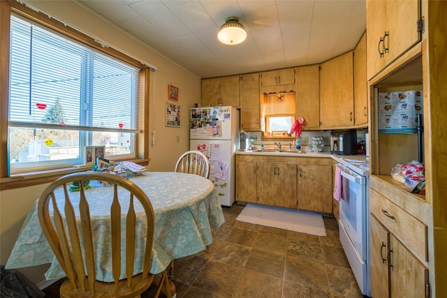 616 Madison St, Hamilton, MT 59840 - kitchen featuring white appliances, light countertops, healthy amount of natural light, and stone finish floors