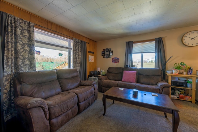 carpeted living room with wood walls