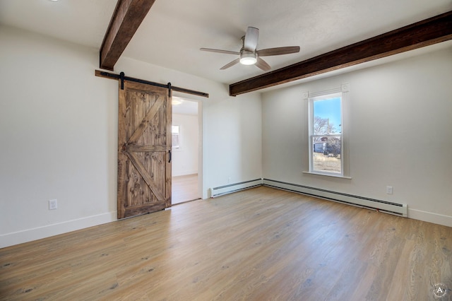 spare room featuring ceiling fan, baseboards, a barn door, beam ceiling, and wood finished floors