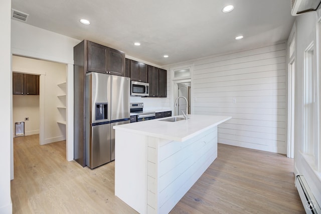 kitchen with light wood-type flooring, visible vents, a sink, stainless steel appliances, and a baseboard radiator