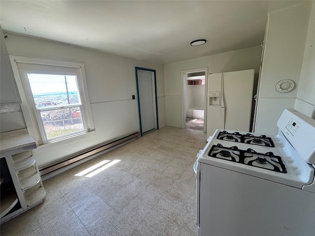 420 Virginia St, Butte, MT 59701 - kitchen with white appliances, a baseboard radiator, and light floors