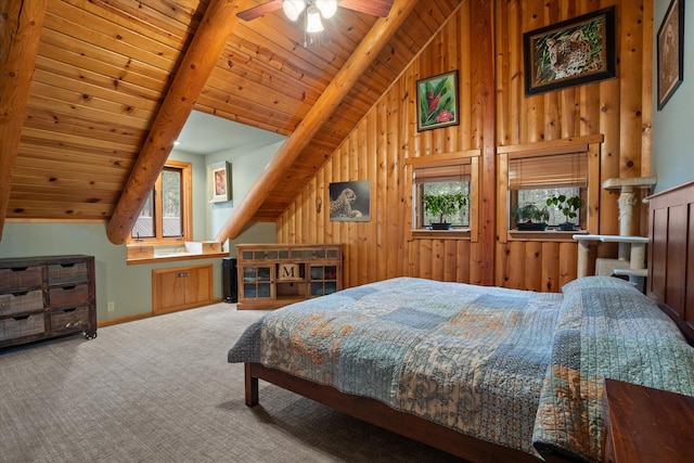 32 Peaceful Ct, Bigfork, MT 59911 - bedroom featuring wood walls, carpet floors, and wood ceiling