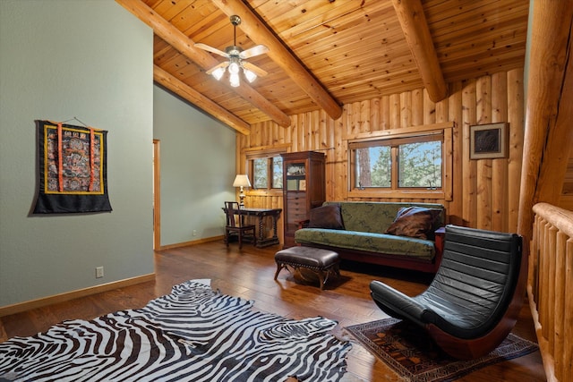 32 Peaceful Ct, Bigfork, MT 59911 - living area with hardwood / wood-style floors, wood ceiling, wooden walls, and ceiling fan