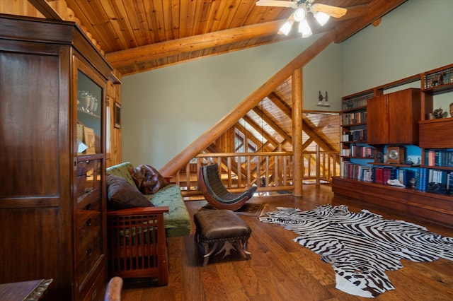 32 Peaceful Ct, Bigfork, MT 59911 - sitting room with a ceiling fan, wood finished floors, and wood ceiling