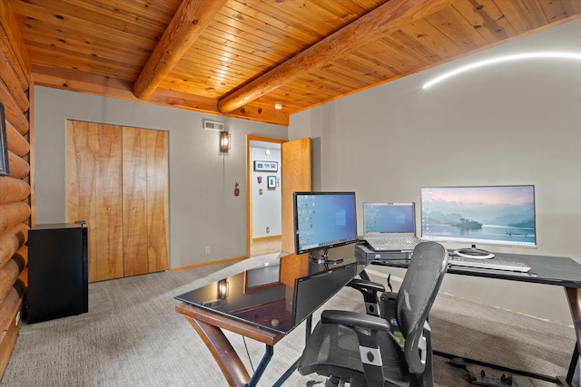 32 Peaceful Ct, Bigfork, MT 59911 - carpeted home office with a wooden ceiling with exposed beams