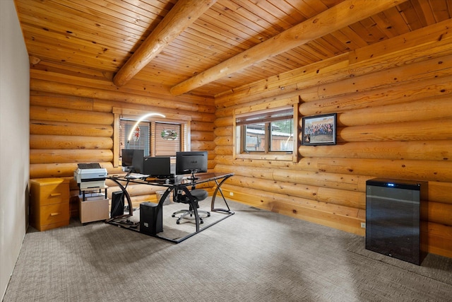 32 Peaceful Ct, Bigfork, MT 59911 - carpeted office space with a wood ceiling with exposed beams and rustic walls