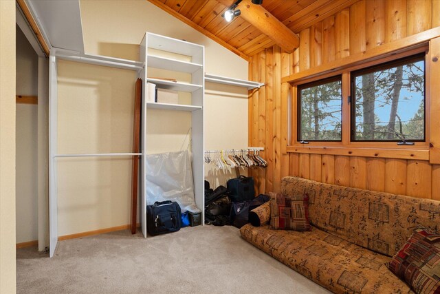 32 Peaceful Ct, Bigfork, MT 59911 - living area with wooden ceiling, carpet floors, and wooden walls
