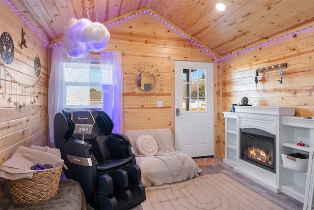 sitting room featuring wood walls and wood ceiling