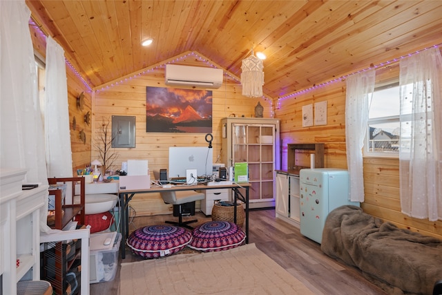 office space featuring vaulted ceiling, electric panel, wooden ceiling, wood finished floors, and a wall mounted AC