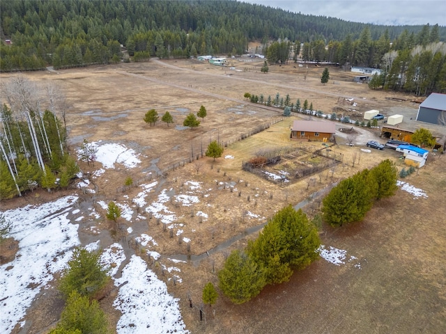 birds eye view of property featuring a rural view and a forest view