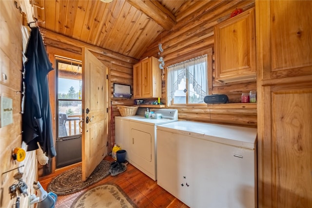 laundry area featuring cabinet space, independent washer and dryer, wood ceiling, and a healthy amount of sunlight