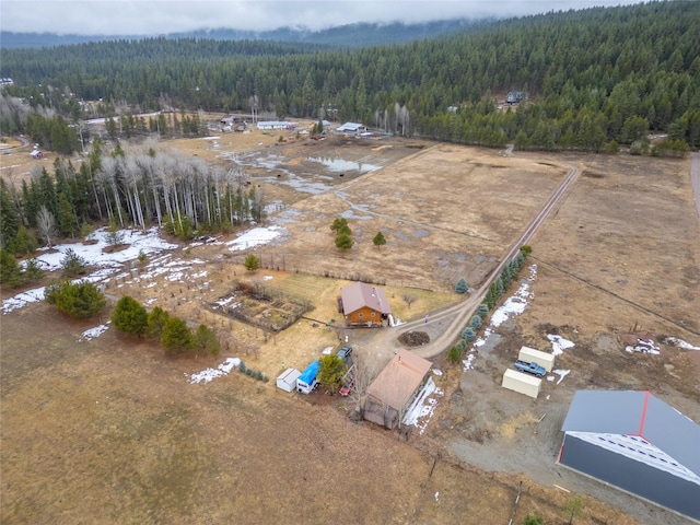 birds eye view of property featuring a forest view