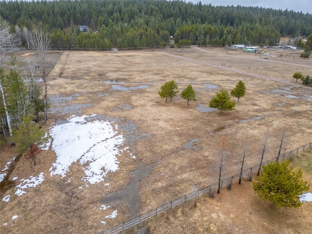 bird's eye view featuring a rural view and a wooded view