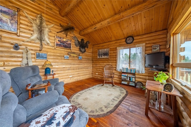 living room featuring rustic walls, wood ceiling, hardwood / wood-style floors, and vaulted ceiling with beams